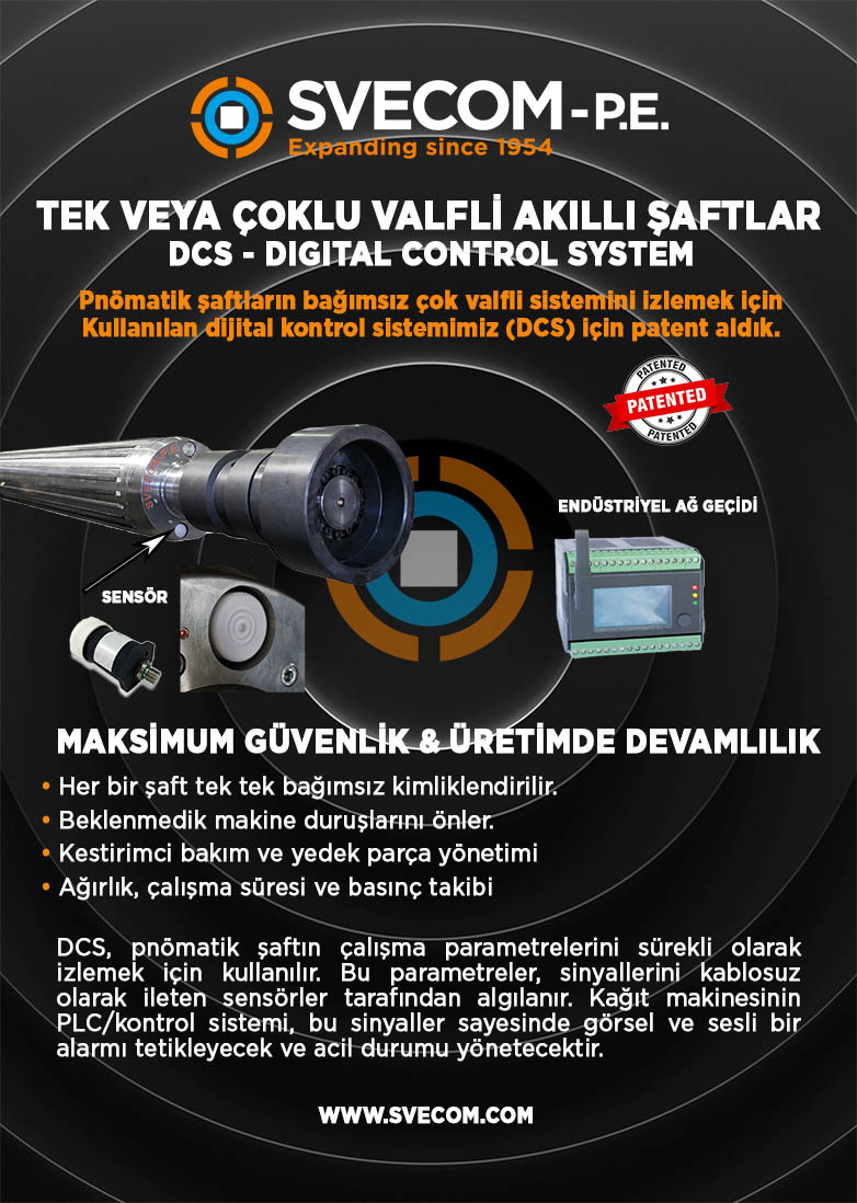 ADV Smart Shafts agosto 2026 rev1 - TURCO | Svecom Poster promoting SVECOM-P.E. DCS system with Turkish text and devices; highlights 'tek veya çoklu valfli akıllı şaftlar' and 'maksimum güvenlik & üretimde devamlılık'.