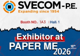 Paper Middle East - Cairo 2026 | Svecom | Svecom SVE COM- P.E. logo with orange circles and blue center, text 'Expanding since 1954'; line 'Booth NO.: 1A3 | Hall: 1'; blue banner reading 'Exhibitor at PAPER ME 2026' (18th edition)