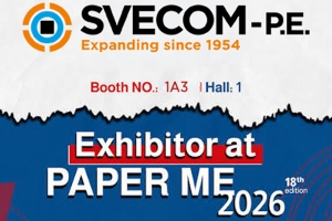 Paper Middle East - Cairo 2026 | Svecom SVE COM- P.E. logo with orange circles and blue center, text 'Expanding since 1954'; line 'Booth NO.: 1A3 | Hall: 1'; blue banner reading 'Exhibitor at PAPER ME 2026' (18th edition)