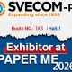 SVE COM- P.E. logo with orange circles and blue center, text 'Expanding since 1954'; line 'Booth NO.: 1A3 | Hall: 1'; blue banner reading 'Exhibitor at PAPER ME 2026' (18th edition)