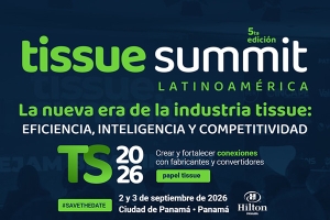 Banner for Tissue Summit Latin America 2026 in Panama City, highlighting the slogan 'La nueva era de la industria tissue: Eficiencia, Inteligencia y Competitividad' and the event details.